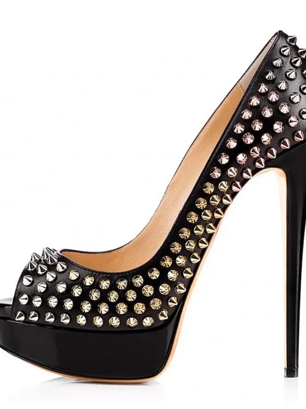 FSJ Brand Black Studded High Heel Peep-Toe Pumps